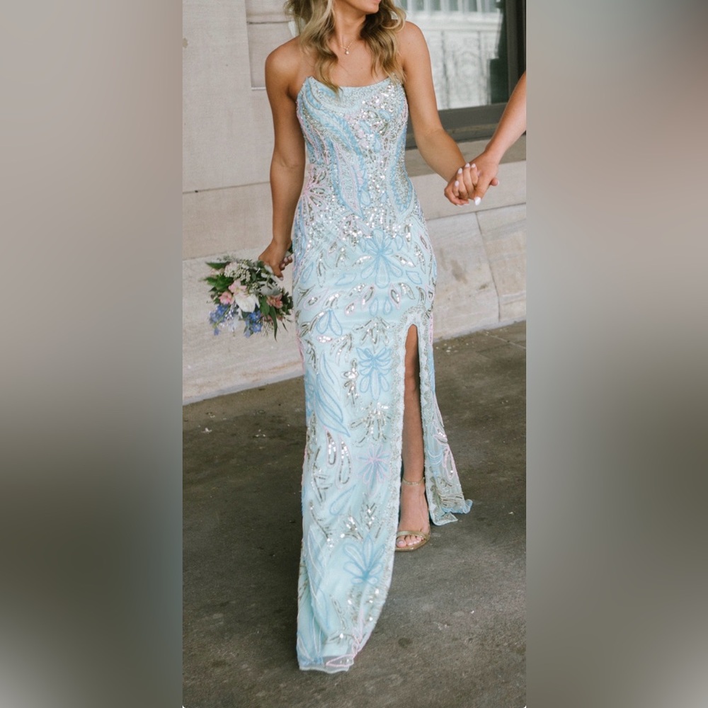 Primavera Couture 4331 strapless beaded-print prom dress in aqua size 00